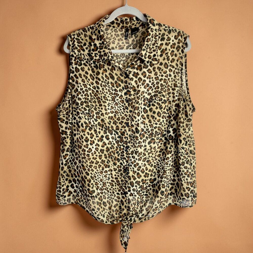 New Directions 2X Top Leopard Animal Print Sheer Chiffon Tie Front Mob Wife